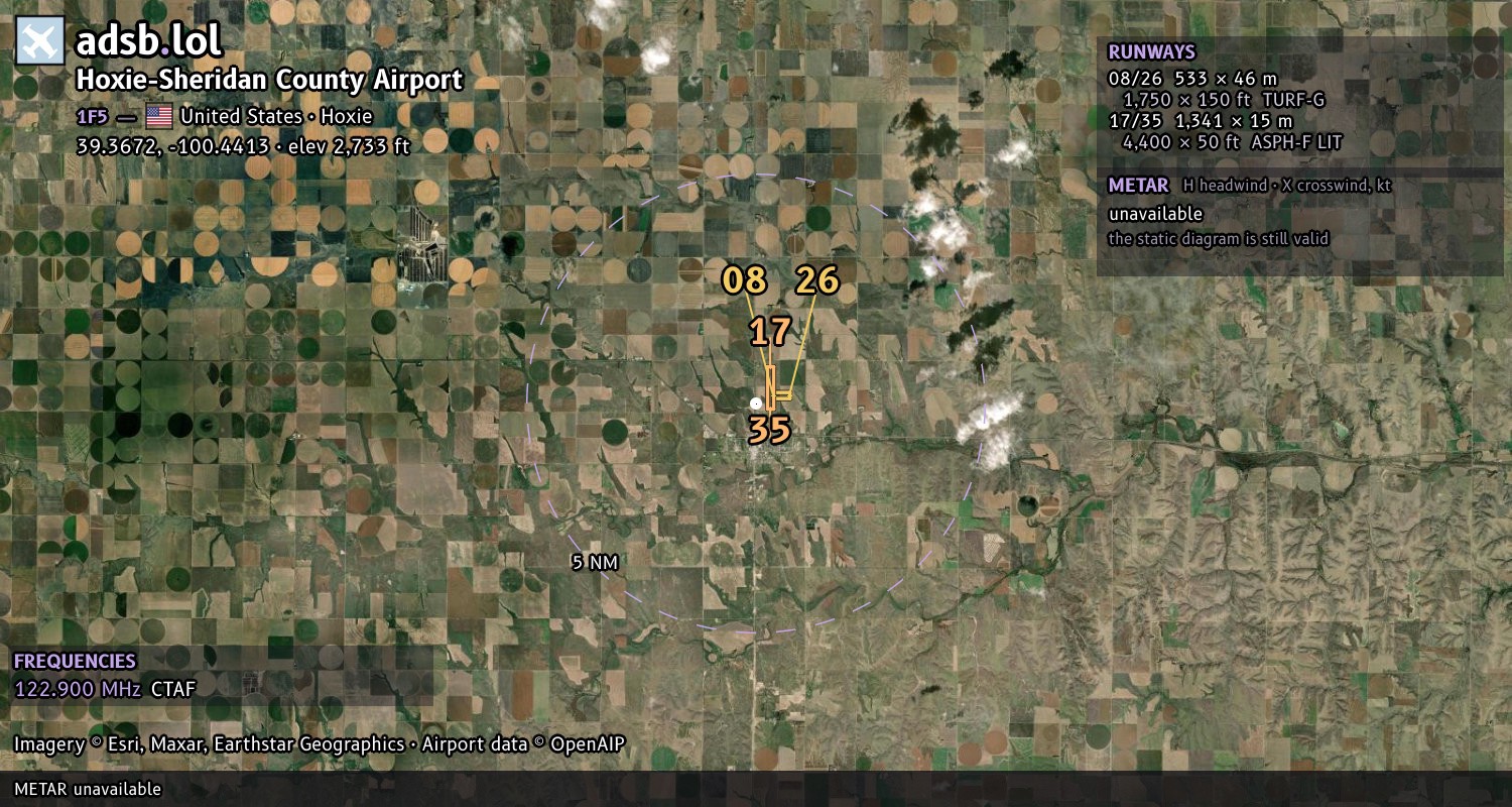 Satellite map with the runway layout of Hoxie-Sheridan County Airport (1F5)