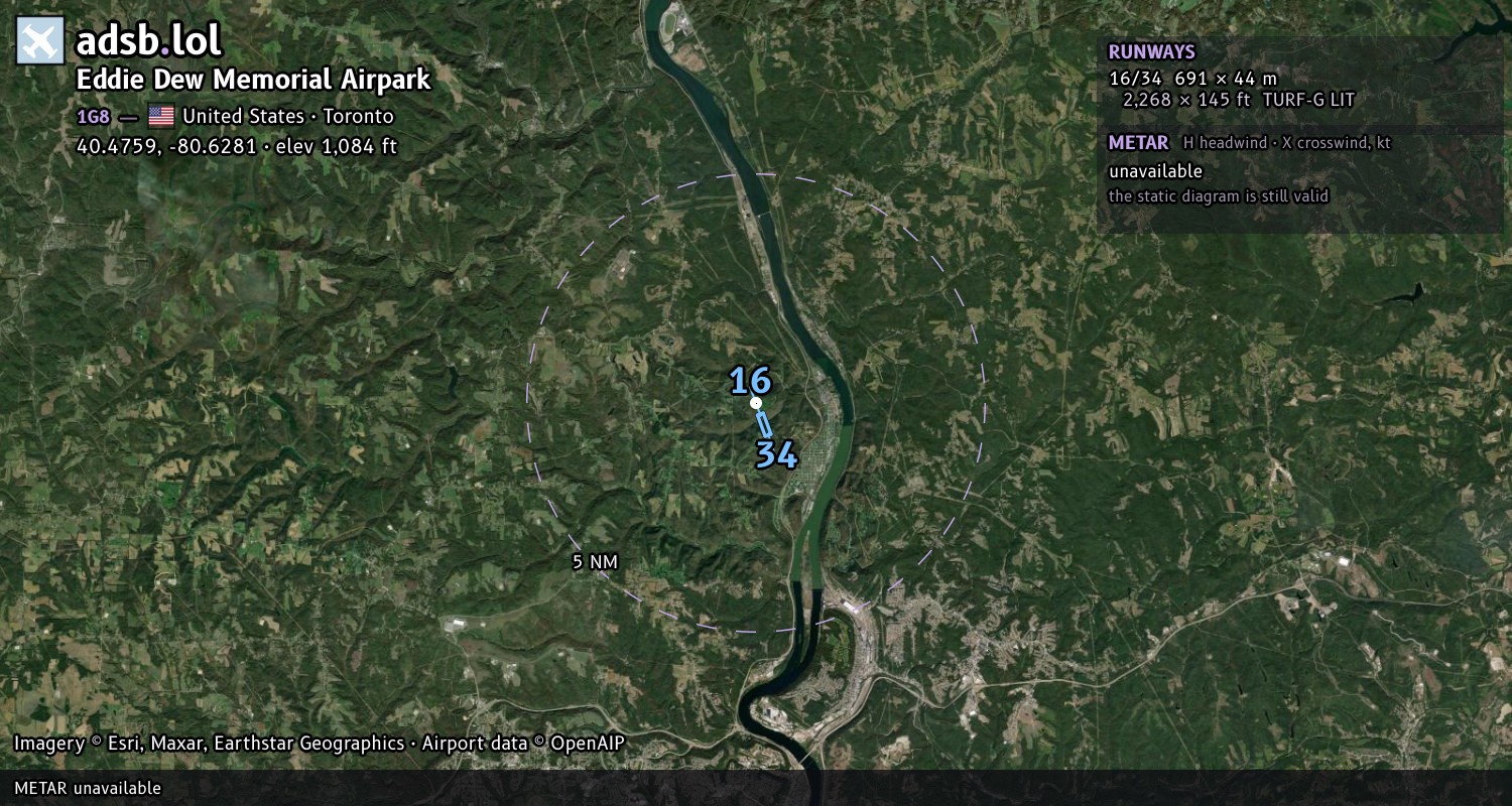 Satellite map with the runway layout of Eddie Dew Memorial Airpark (1G8)