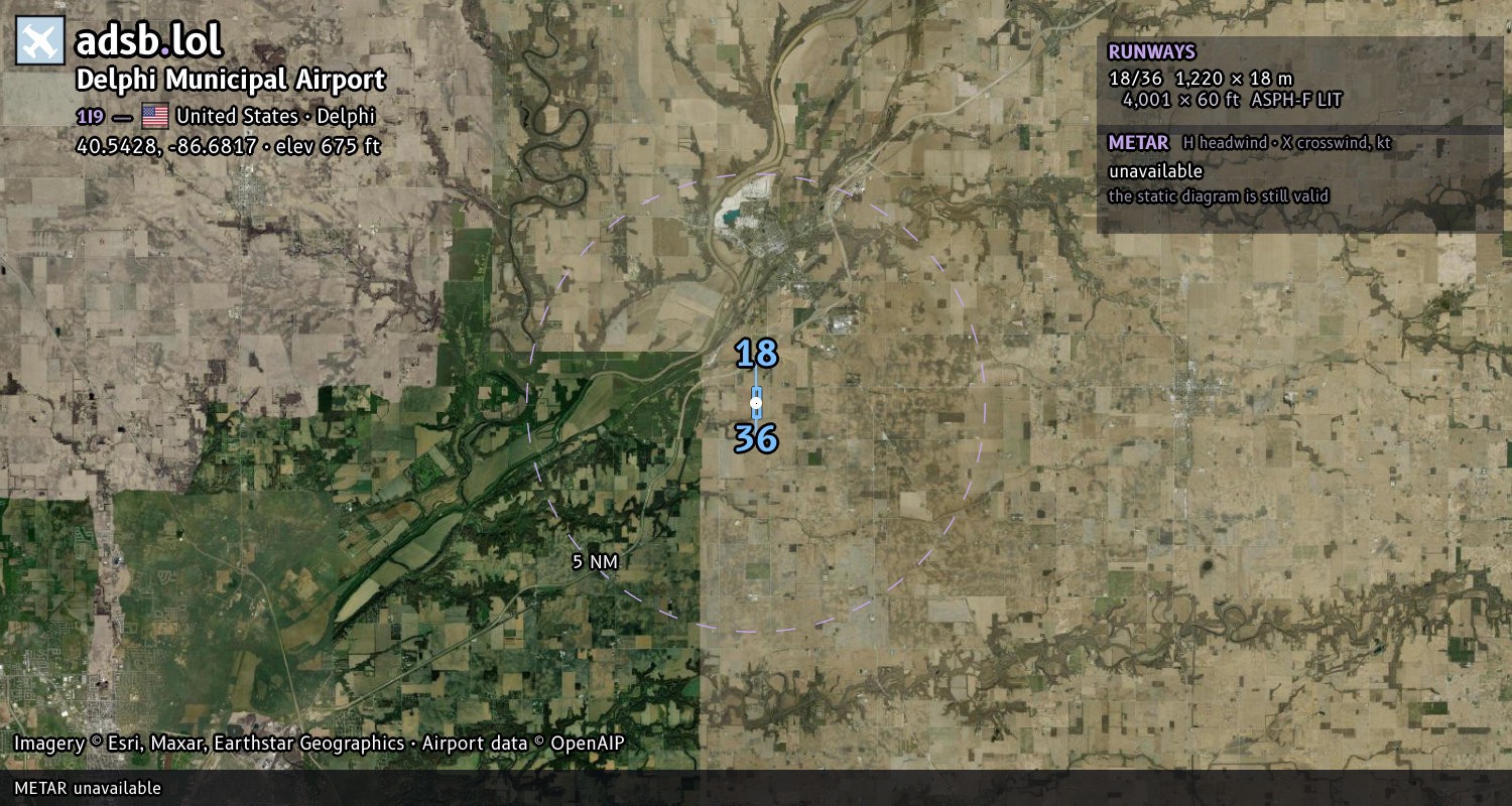 Satellite map with the runway layout of Delphi Municipal Airport (1I9)
