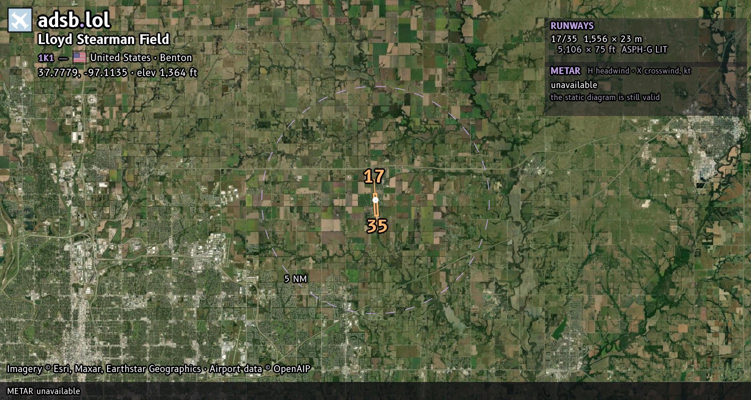 Satellite map with the runway layout of Lloyd Stearman Field (1K1)