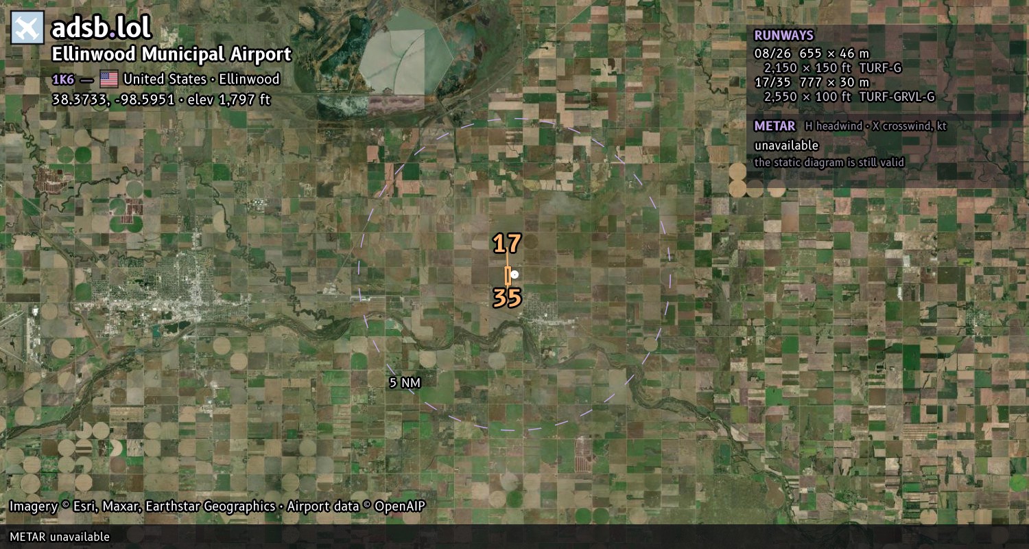 Satellite map with the runway layout of Ellinwood Municipal Airport (1K6)