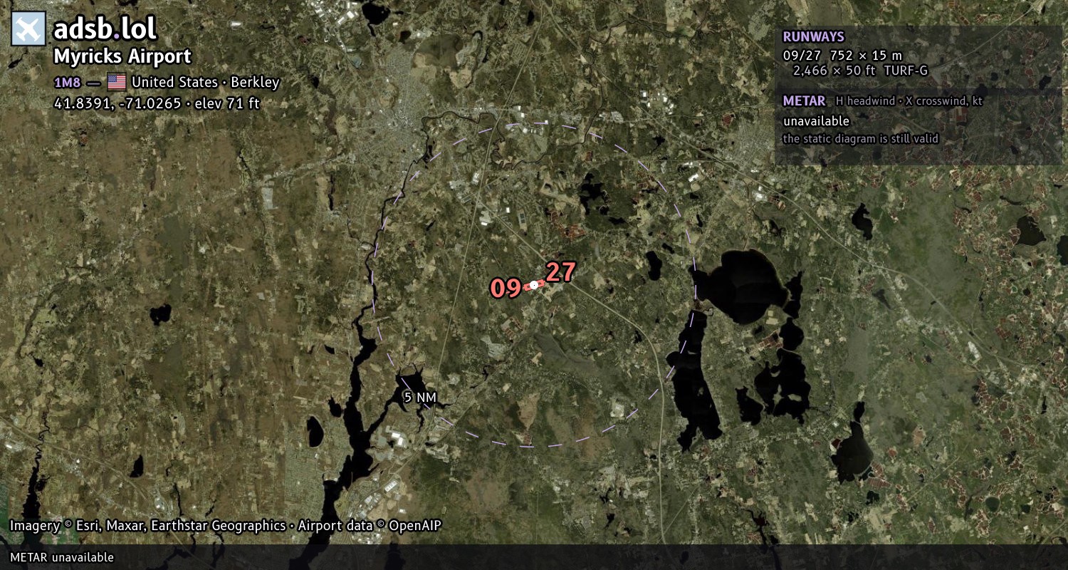 Satellite map with the runway layout of Myricks Airport (1M8)
