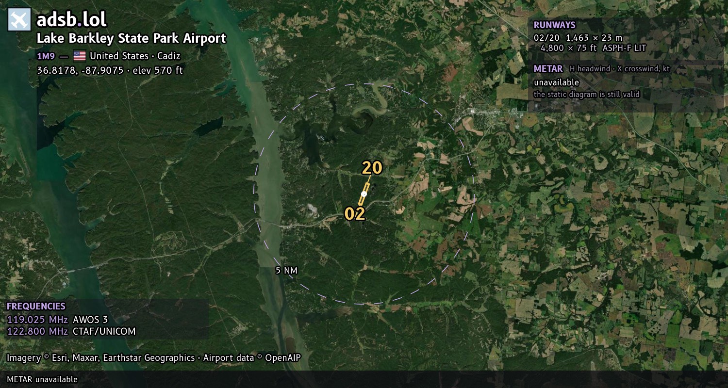 Satellite map with the runway layout of Lake Barkley State Park Airport (1M9)