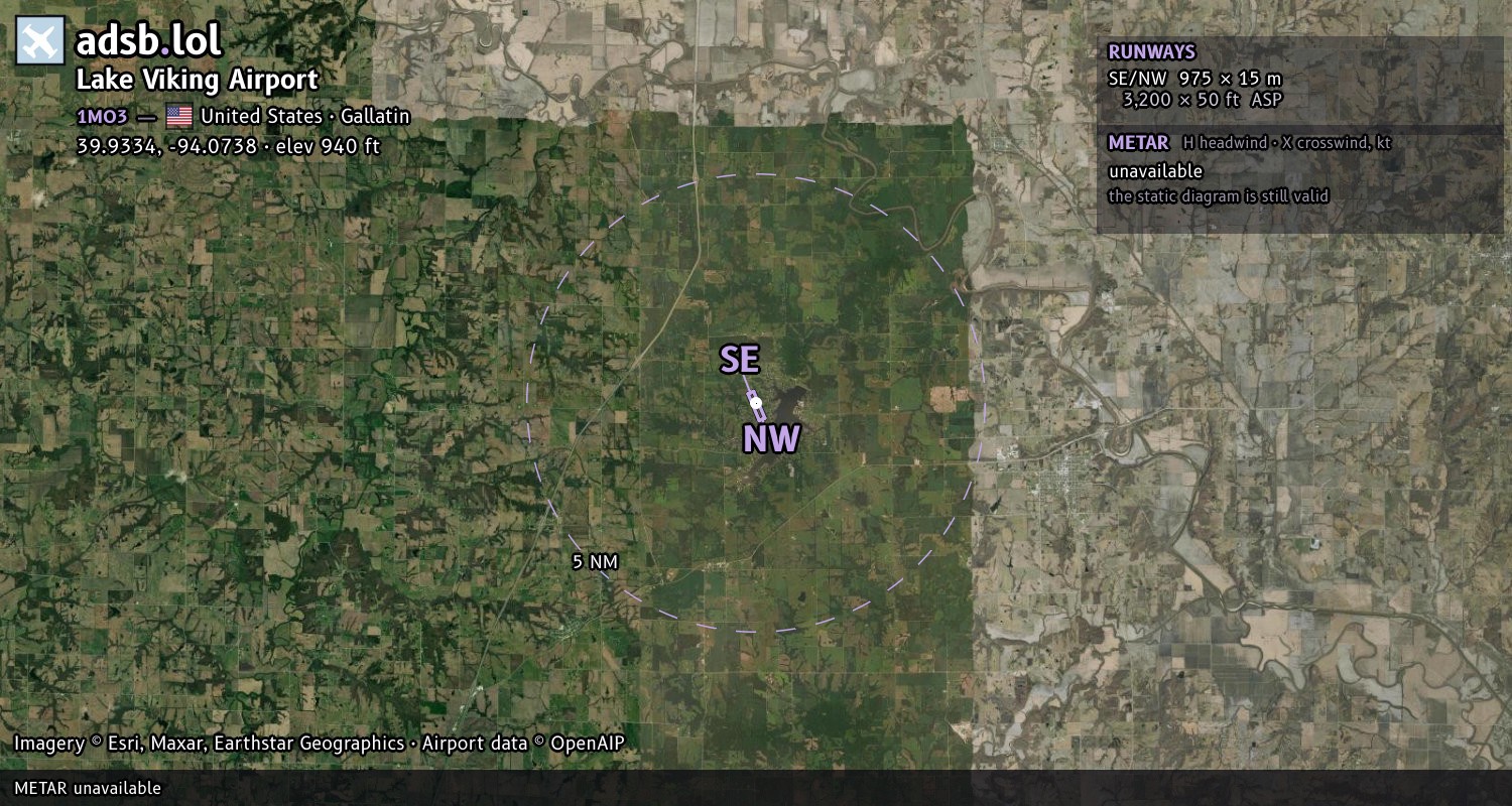 Satellite map with the runway layout of Lake Viking Airport (1MO3)
