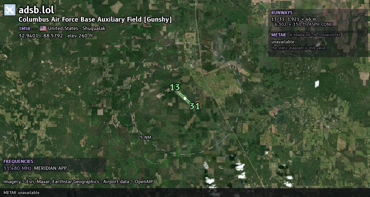 Satellite map with the runway layout of Columbus Air Force Base Auxiliary Field (Gunshy) (1MS8)