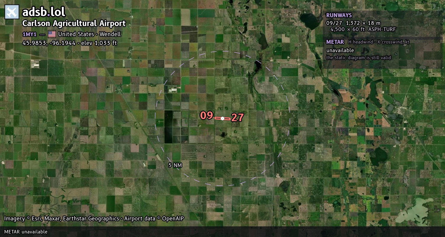Satellite map with the runway layout of Carlson Agricultural Airport (1MY1)