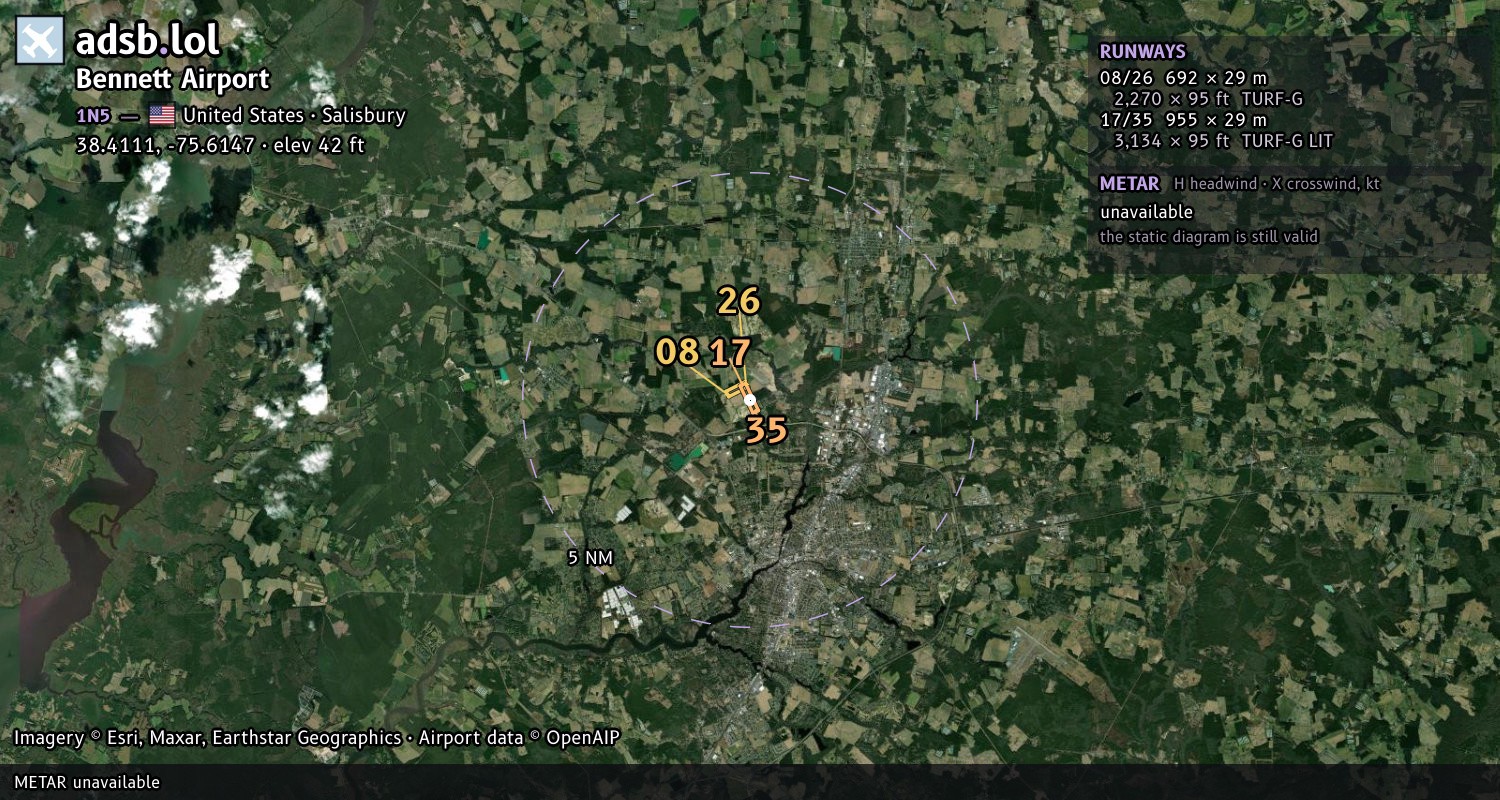 Satellite map with the runway layout of Bennett Airport (1N5)