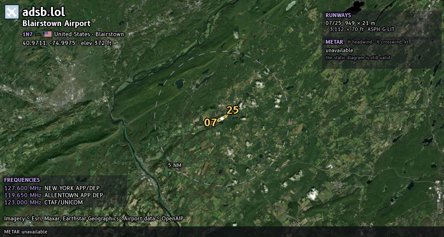 Satellite map with the runway layout of Blairstown Airport (1N7)
