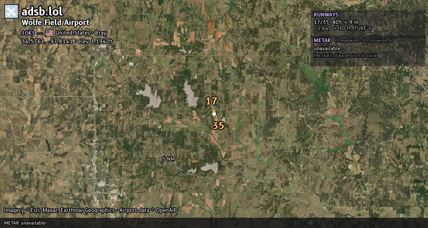 Satellite map with the runway layout of Wolfe Field Airport (1OK3)