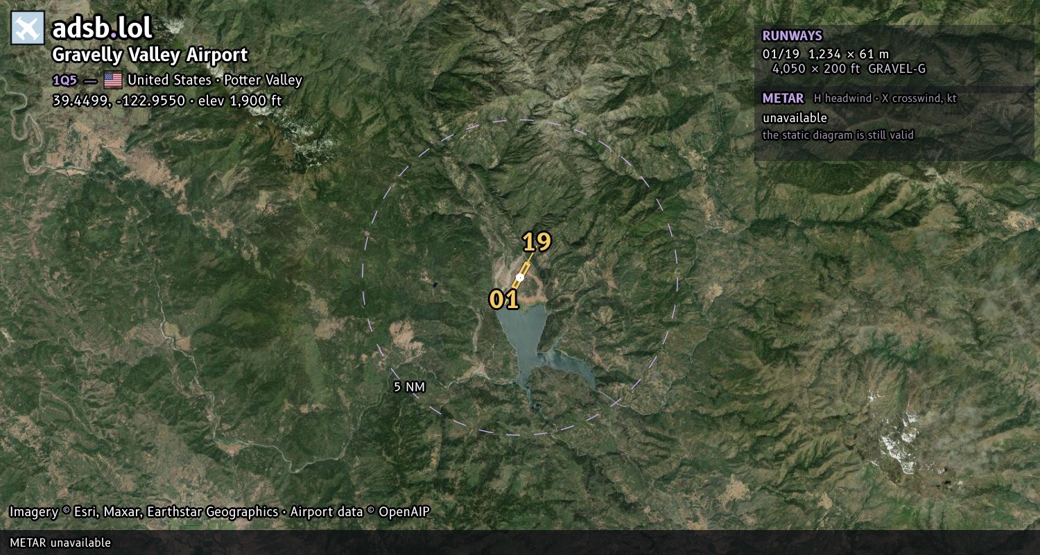 Satellite map with the runway layout of Gravelly Valley Airport (1Q5)
