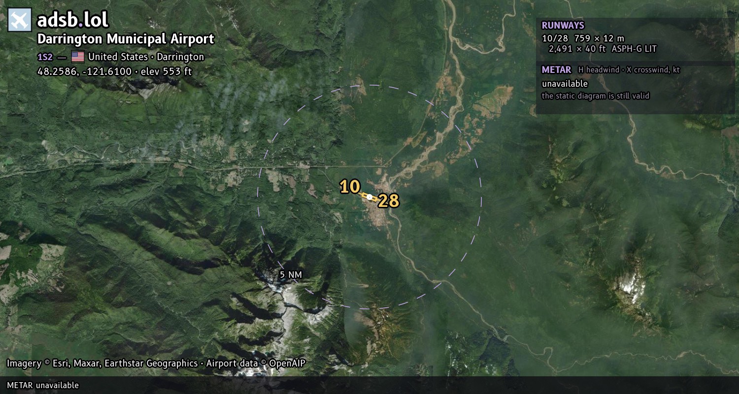 Satellite map with the runway layout of Darrington Municipal Airport (1S2)