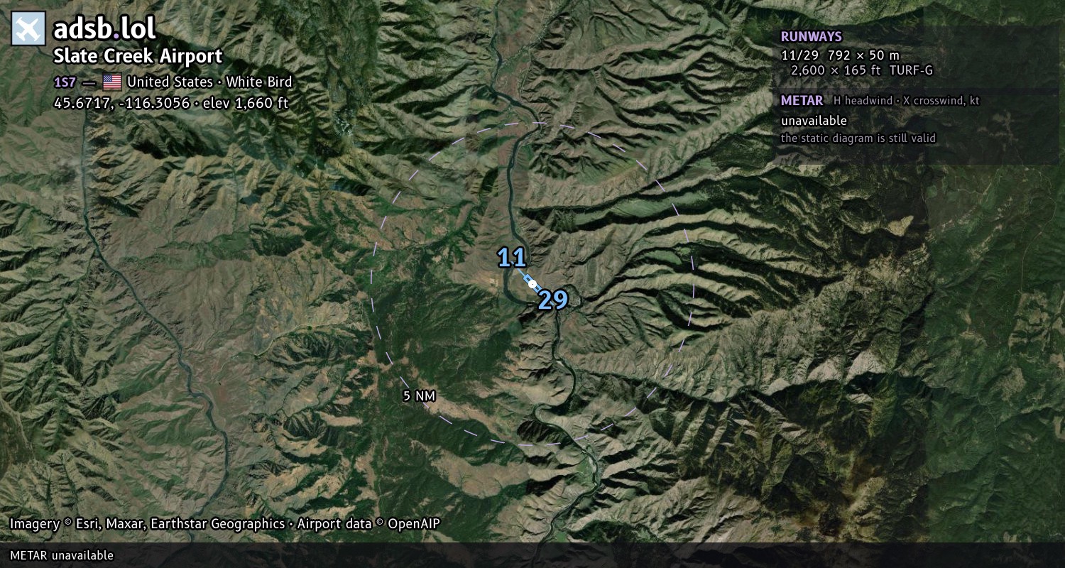 Satellite map with the runway layout of Slate Creek Airport (1S7)
