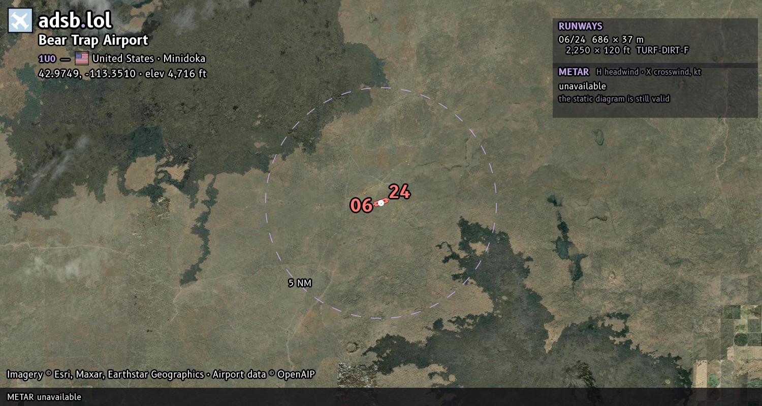 Satellite map with the runway layout of Bear Trap Airport (1U0)