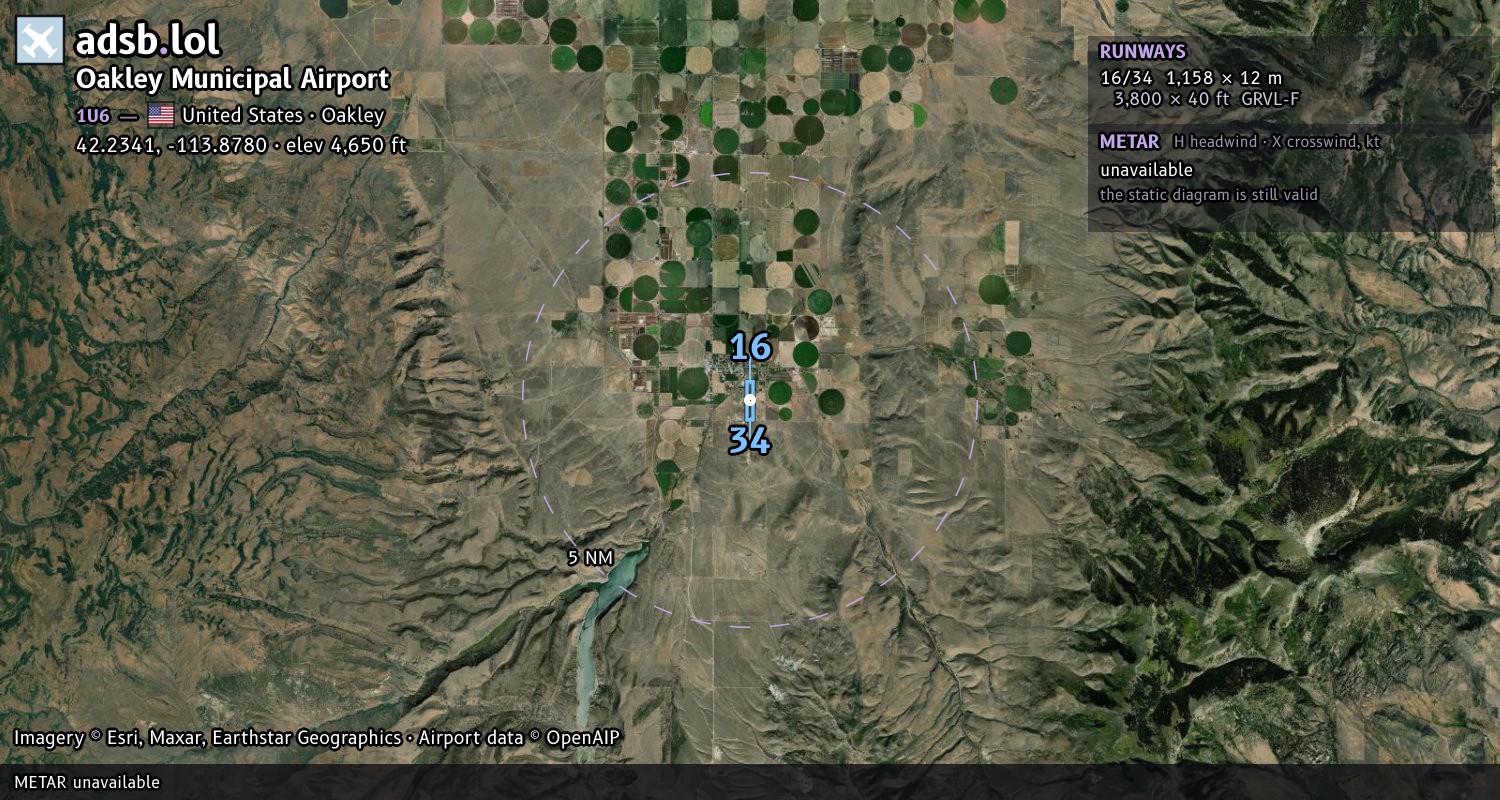 Satellite map with the runway layout of Oakley Municipal Airport (1U6)