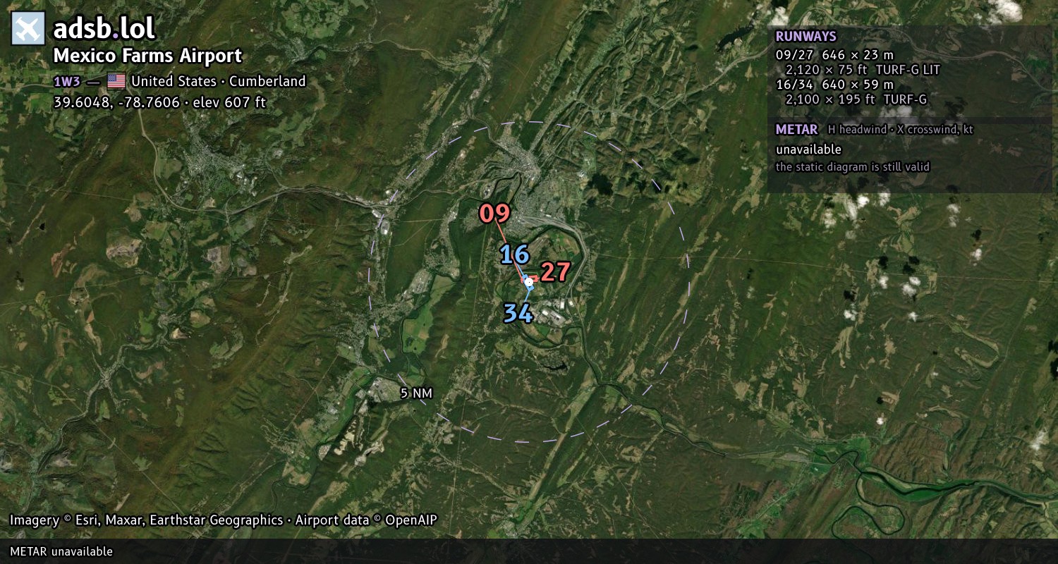 Satellite map with the runway layout of Mexico Farms Airport (1W3)
