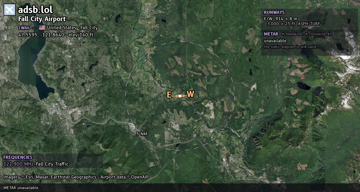 Satellite map with the runway layout of Fall City Airport (1WA6)