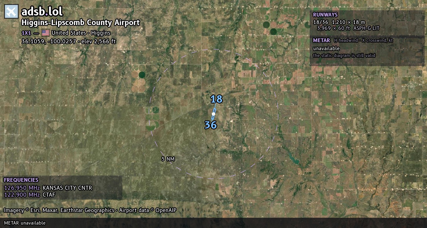 Satellite map with the runway layout of Higgins-Lipscomb County Airport (1X1)