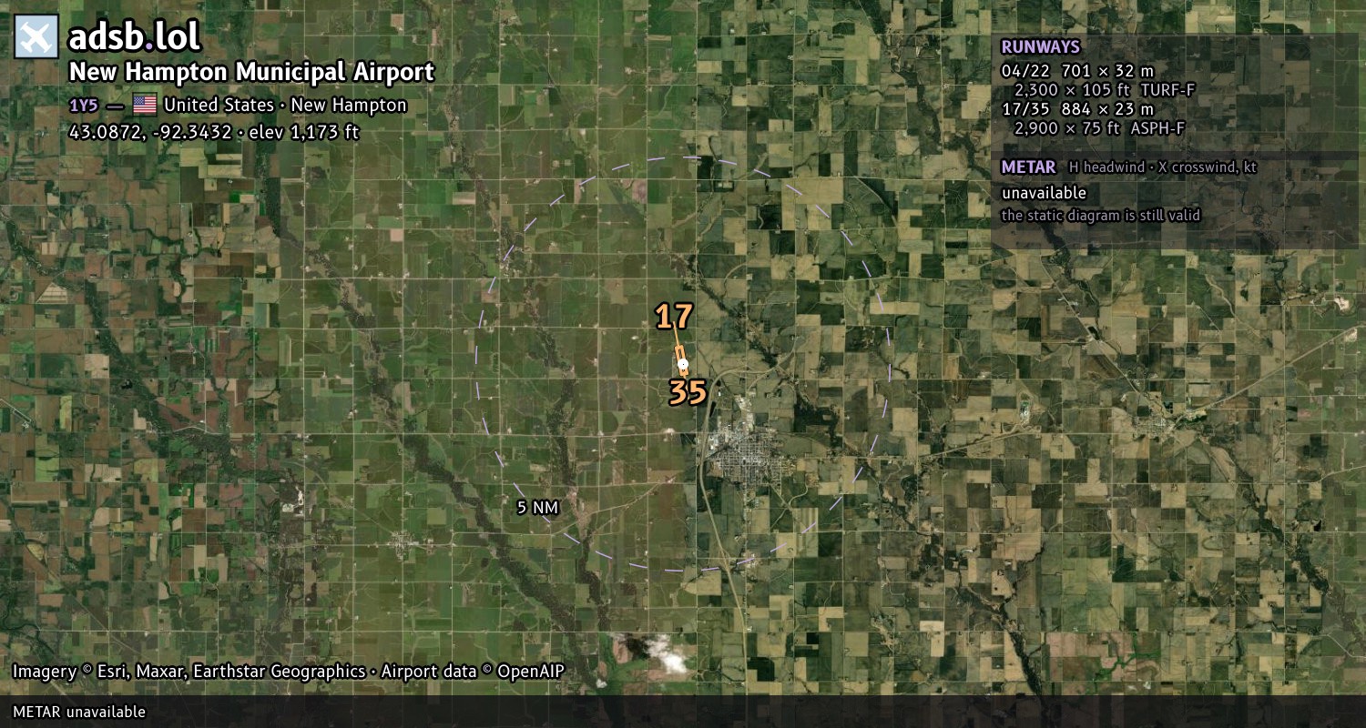 Satellite map with the runway layout of New Hampton Municipal Airport (1Y5)