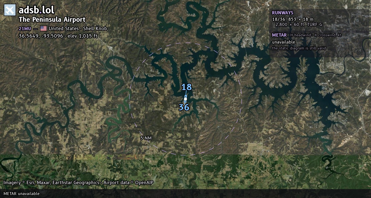 Satellite map with the runway layout of The Peninsula Airport (21MU)
