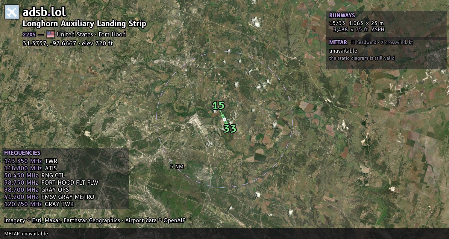 Satellite map with the runway layout of Longhorn Auxiliary Landing Strip (22XS)