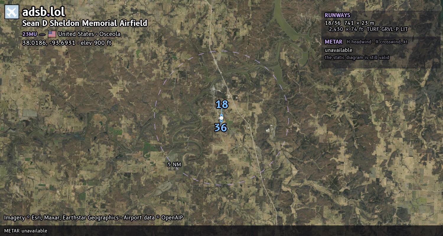 Satellite map with the runway layout of Sean D Sheldon Memorial Airfield (23MU)