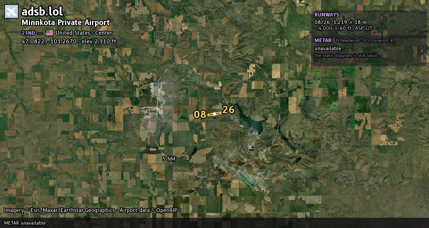 Satellite map with the runway layout of Minnkota Private Airport (23ND)