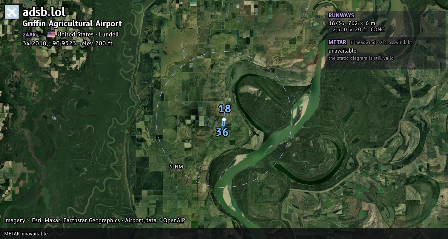 Satellite map with the runway layout of Griffin Agricultural Airport (24AR)