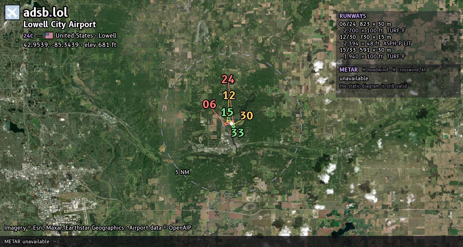 Satellite map with the runway layout of Lowell City Airport (24C)