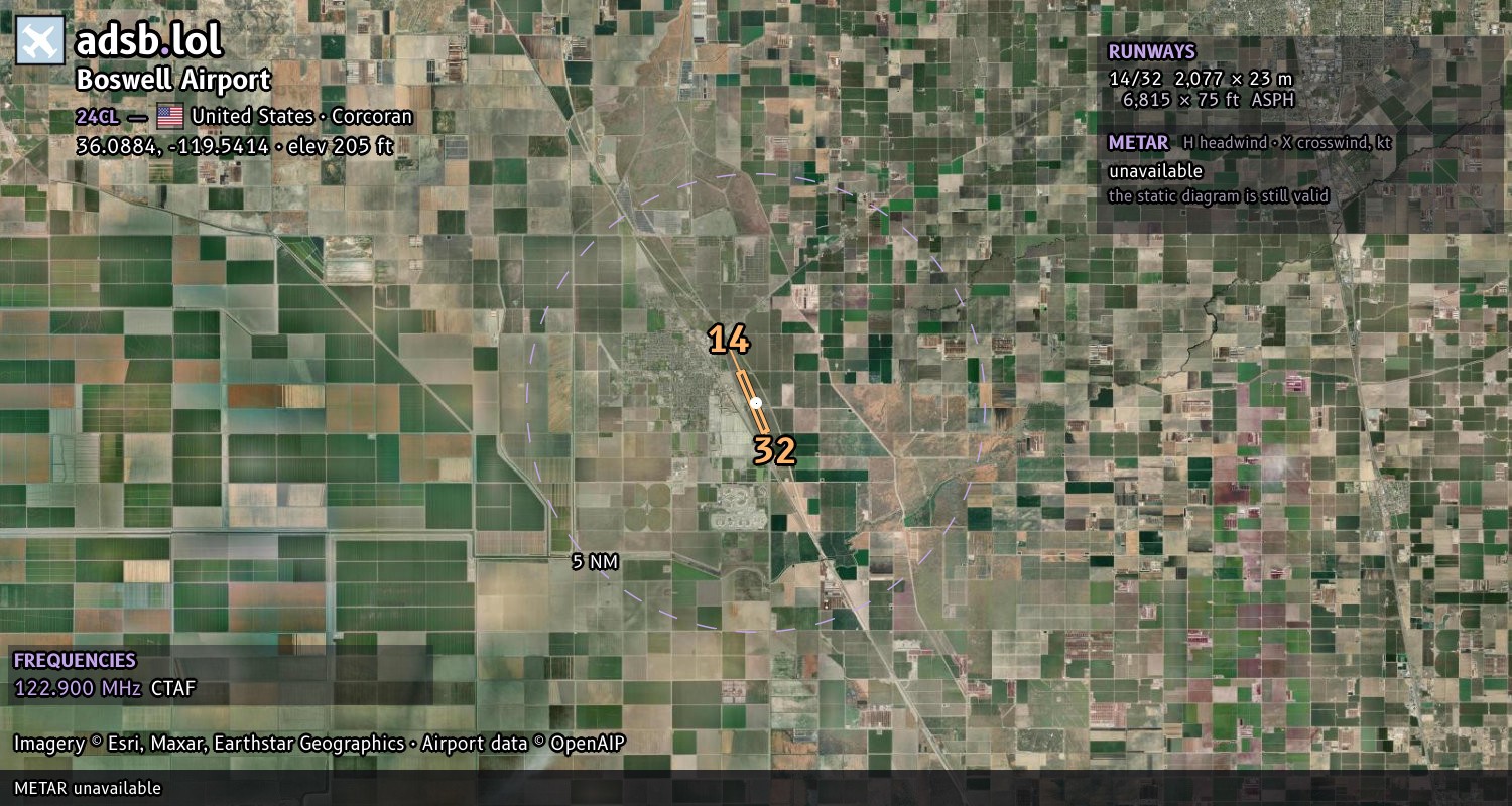 Satellite map with the runway layout of Boswell Airport (24CL)
