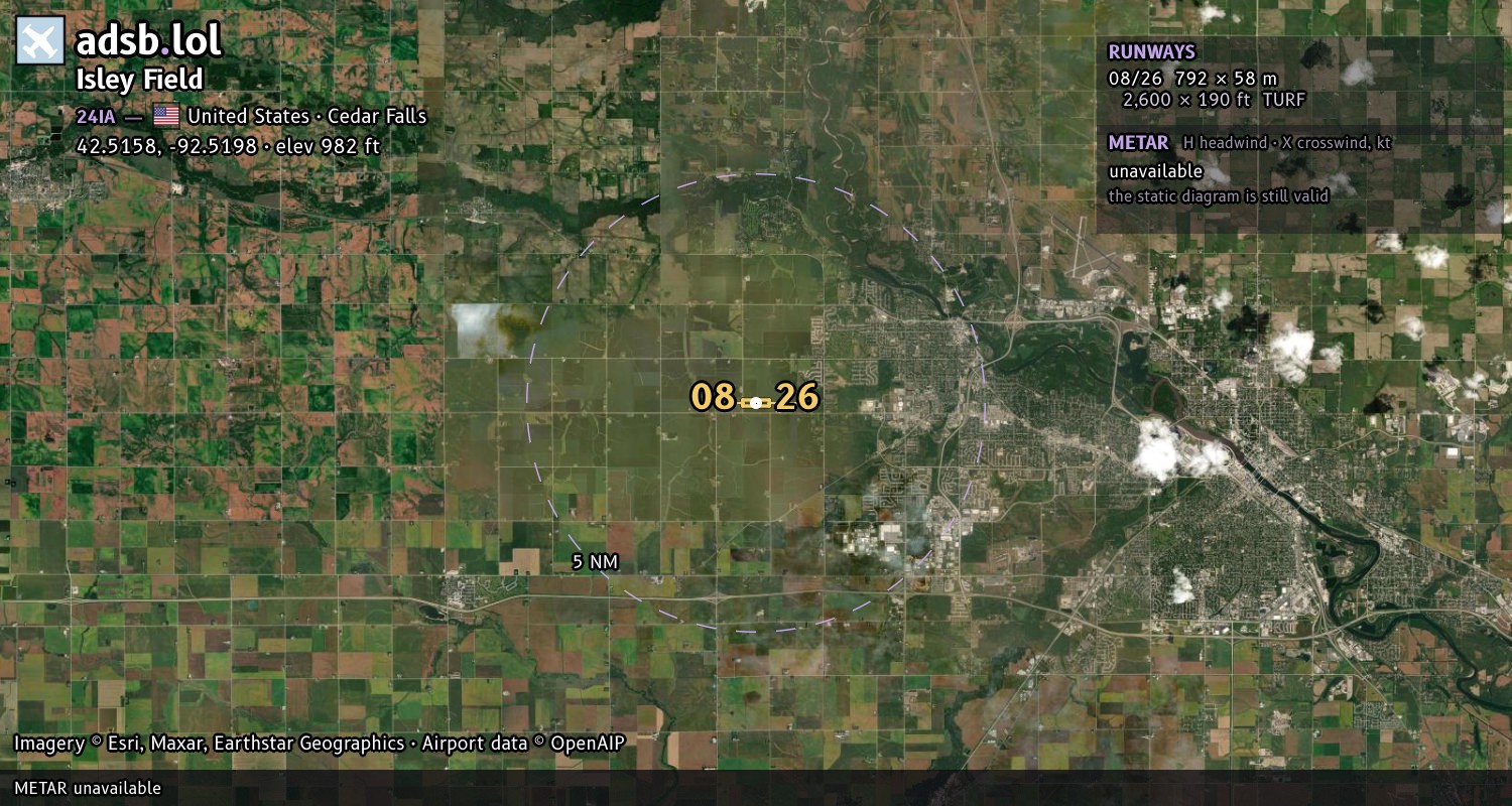 Satellite map with the runway layout of Isley Field (24IA)