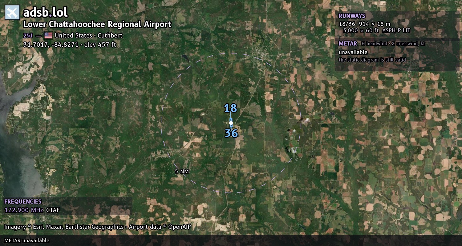 Satellite map with the runway layout of Lower Chattahoochee Regional Airport (25J)
