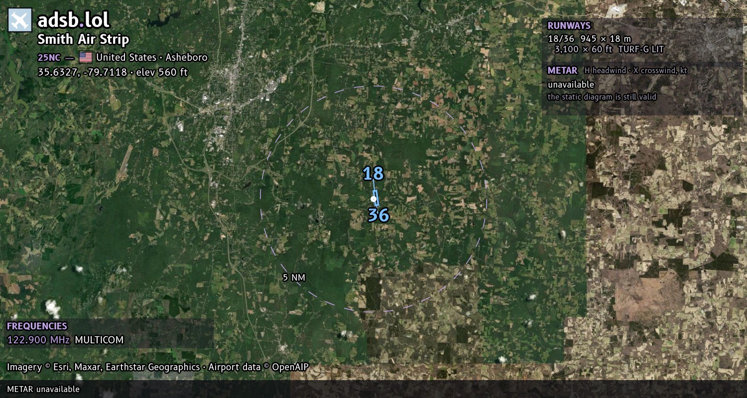 Satellite map with the runway layout of Smith Air Strip (25NC)