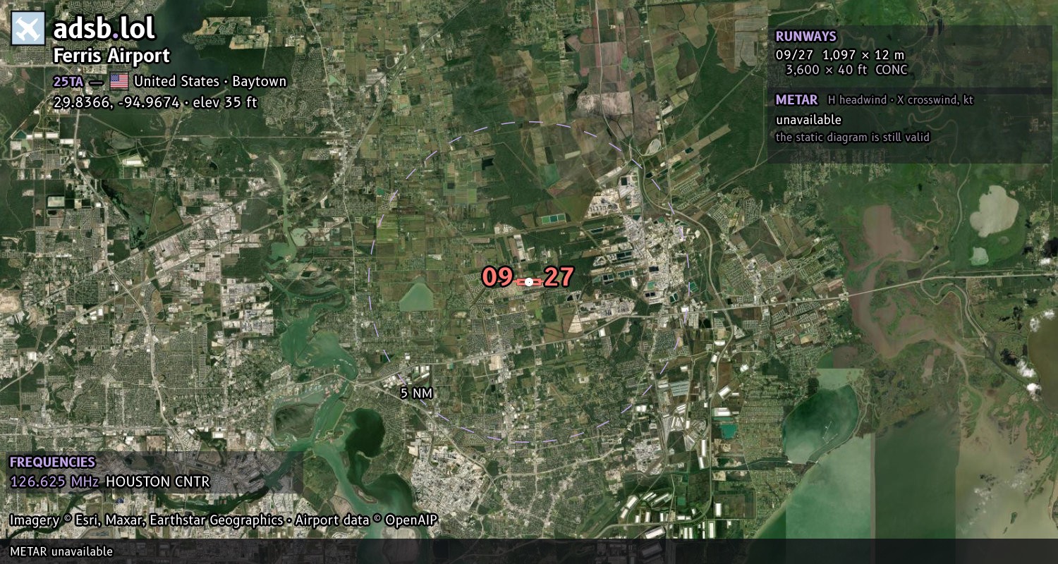 Satellite map with the runway layout of Ferris Airport (25TA)