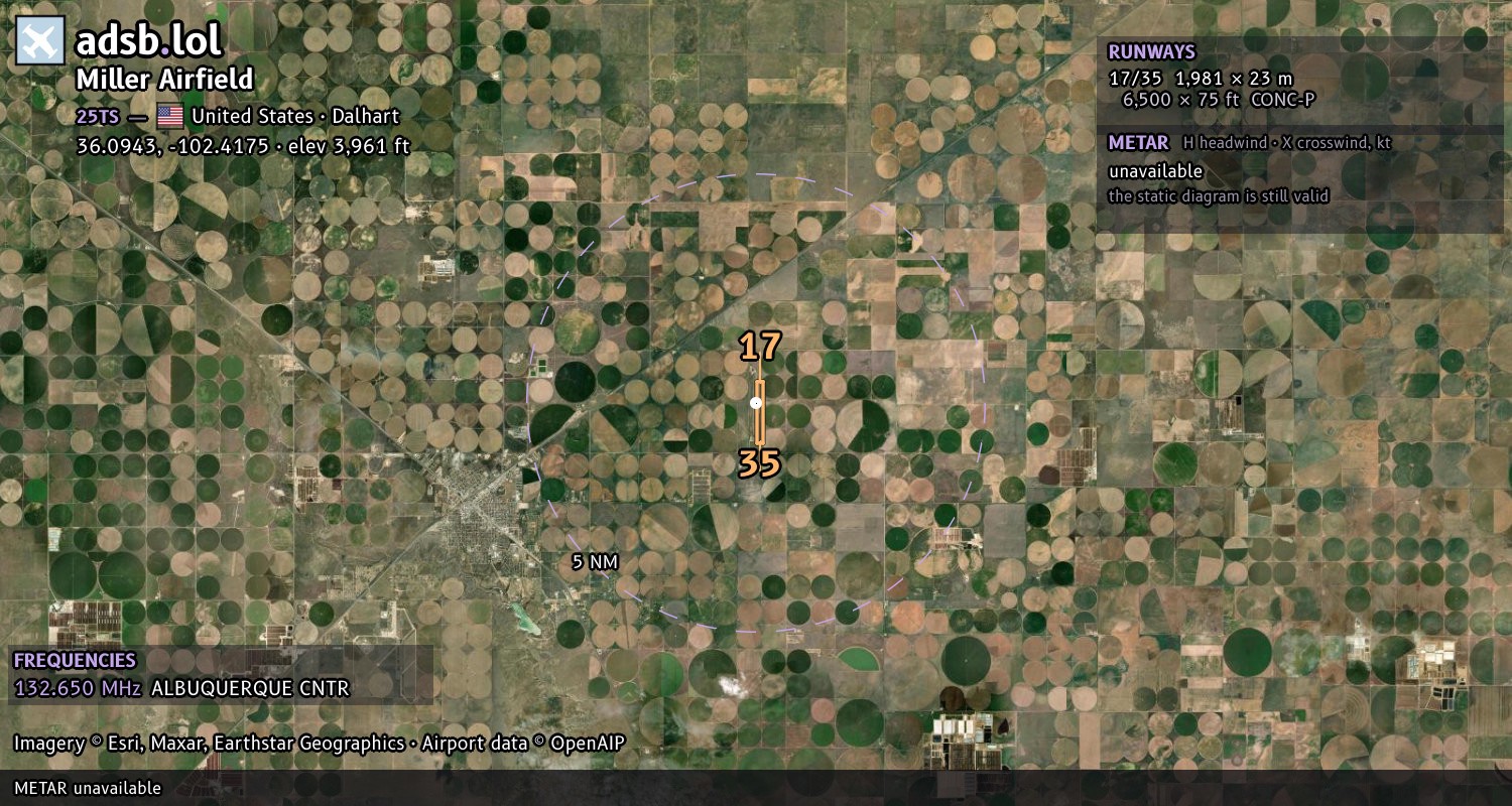 Satellite map with the runway layout of Miller Airfield (25TS)