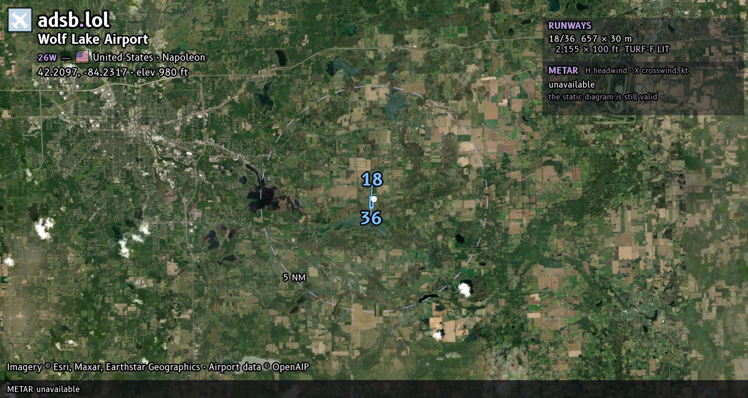 Satellite map with the runway layout of Wolf Lake Airport (26W)
