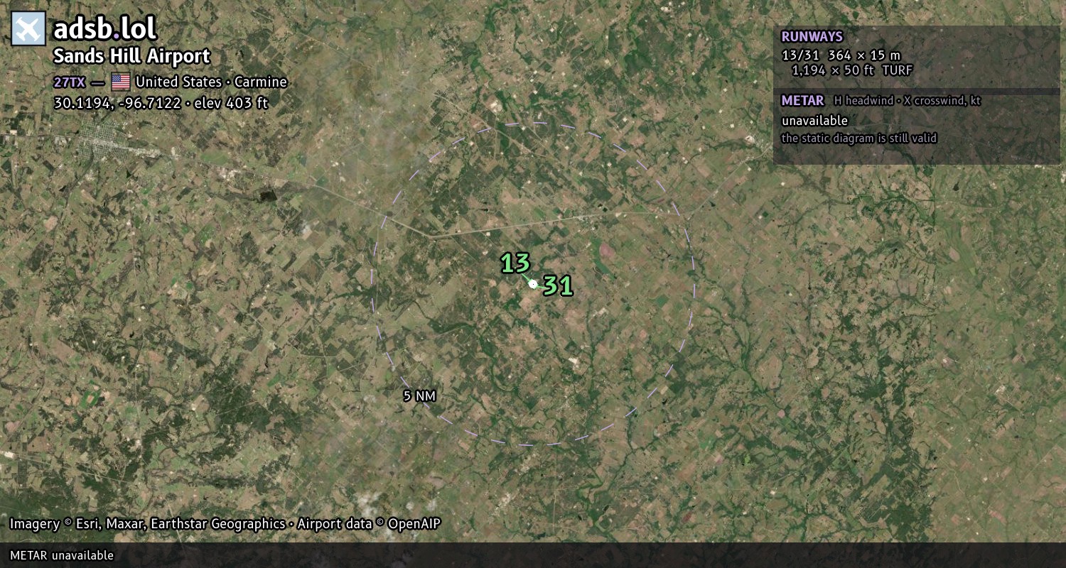 Satellite map with the runway layout of Sands Hill Airport (27TX)