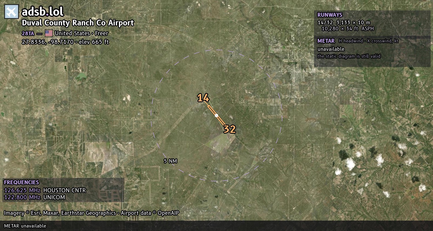 Satellite map with the runway layout of Duval County Ranch Co Airport (28TA)