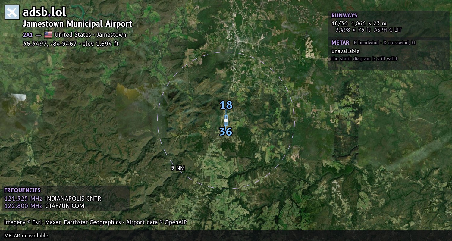Satellite map with the runway layout of Jamestown Municipal Airport (2A1)
