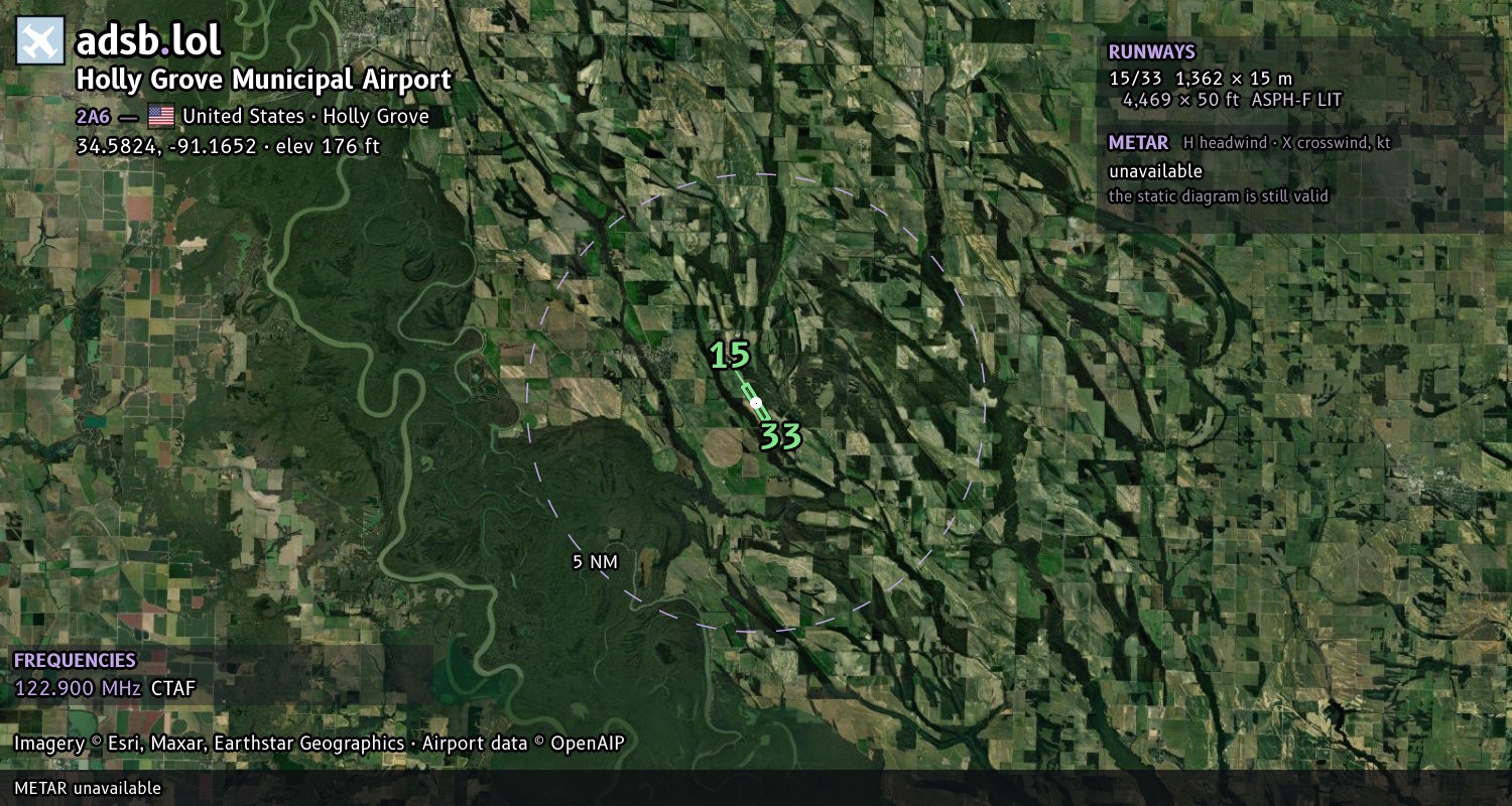 Satellite map with the runway layout of Holly Grove Municipal Airport (2A6)