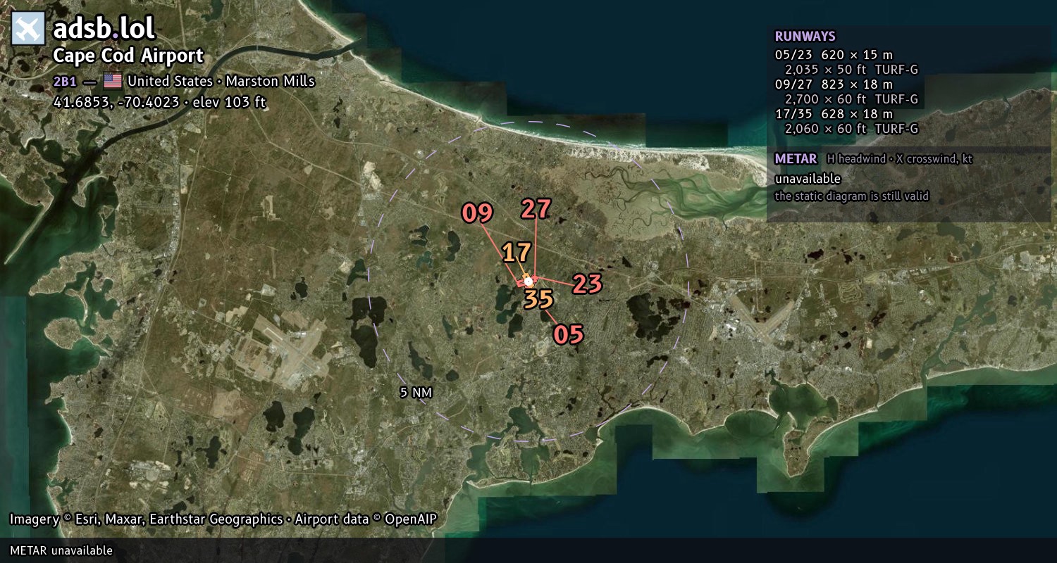 Satellite map with the runway layout of Cape Cod Airport (2B1)