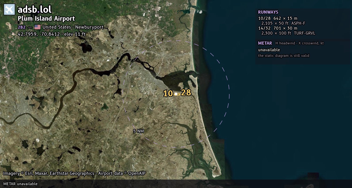 Satellite map with the runway layout of Plum Island Airport (2B2)