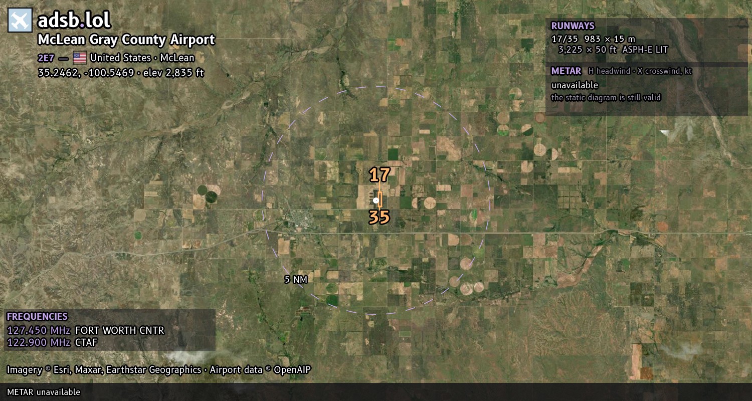 Satellite map with the runway layout of McLean Gray County Airport (2E7)