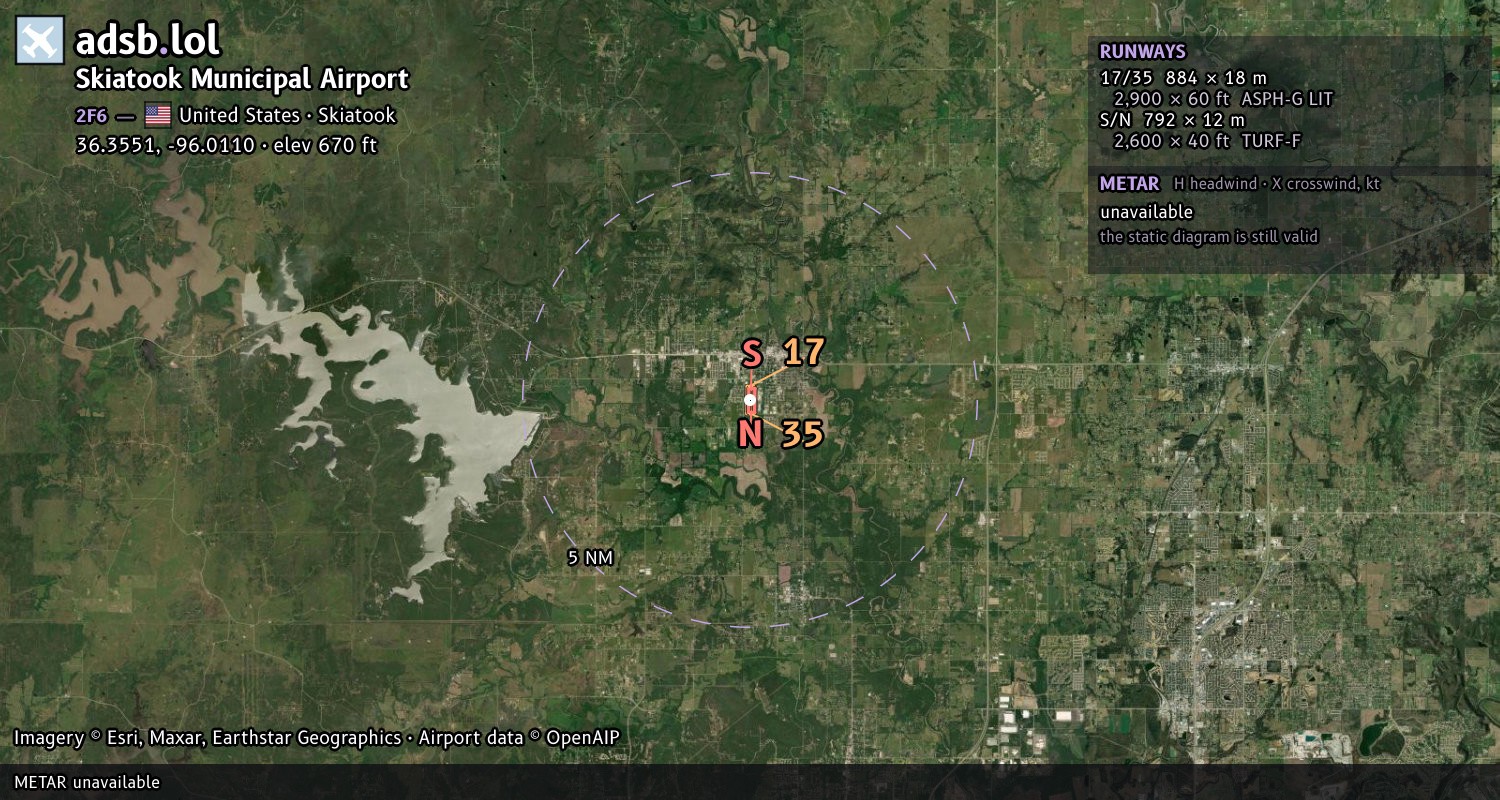 Satellite map with the runway layout of Skiatook Municipal Airport (2F6)