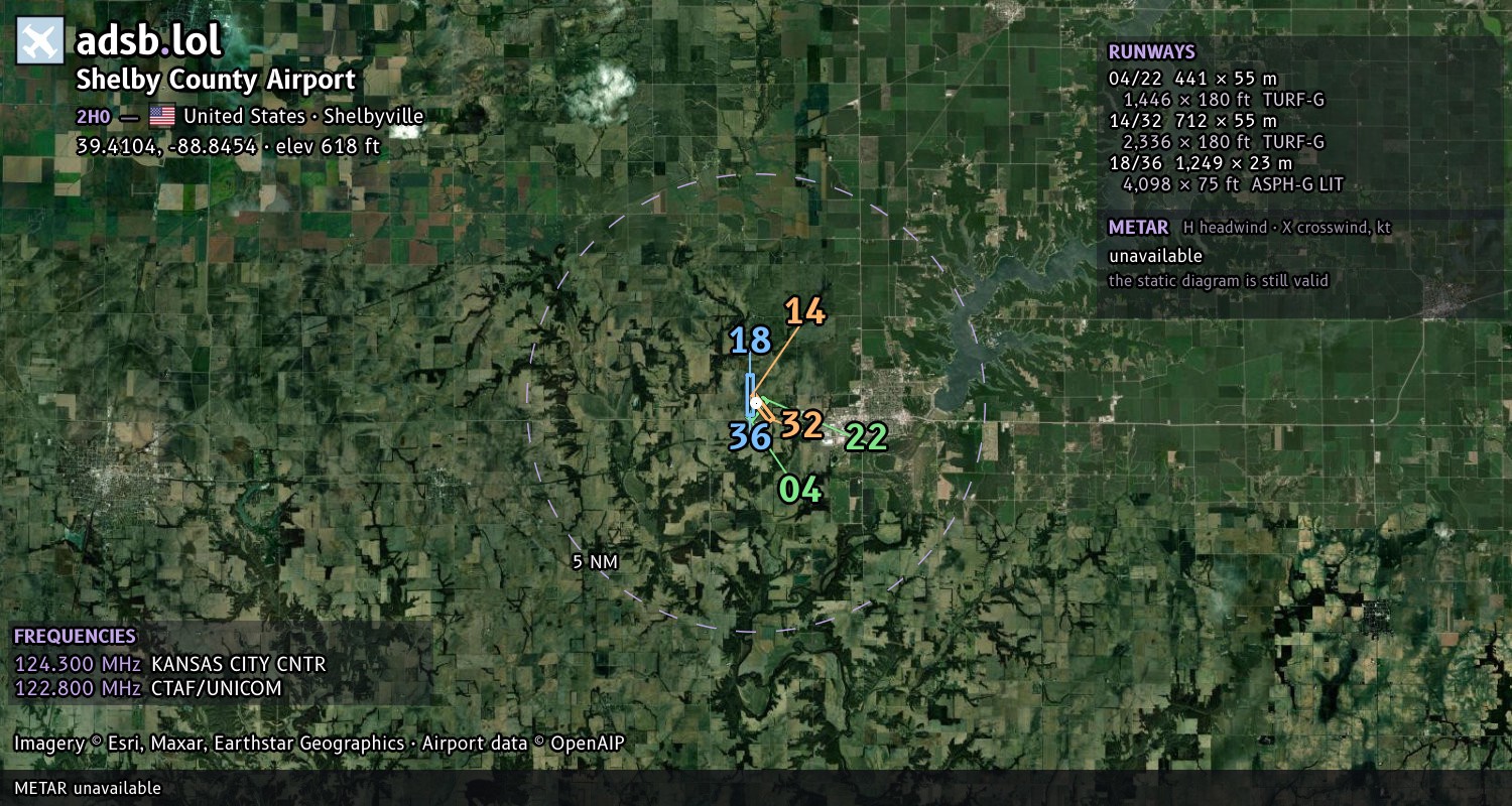 Satellite map with the runway layout of Shelby County Airport (2H0)