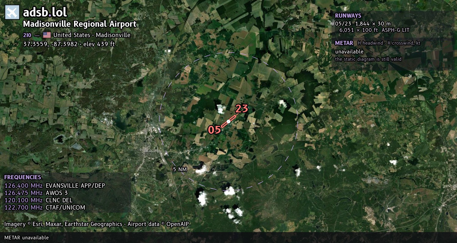 Satellite map with the runway layout of Madisonville Regional Airport (2I0)
