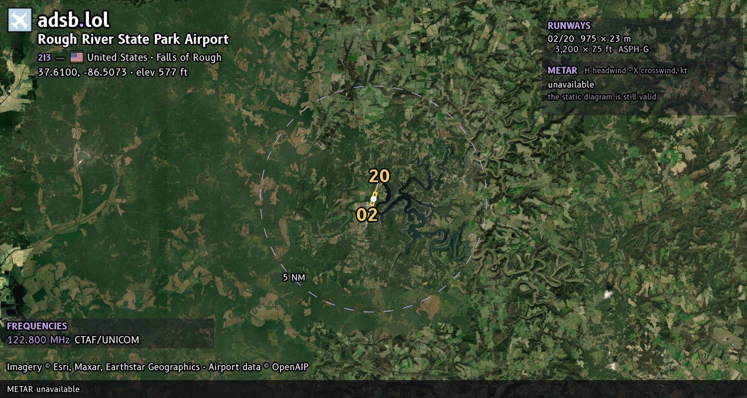 Satellite map with the runway layout of Rough River State Park Airport (2I3)