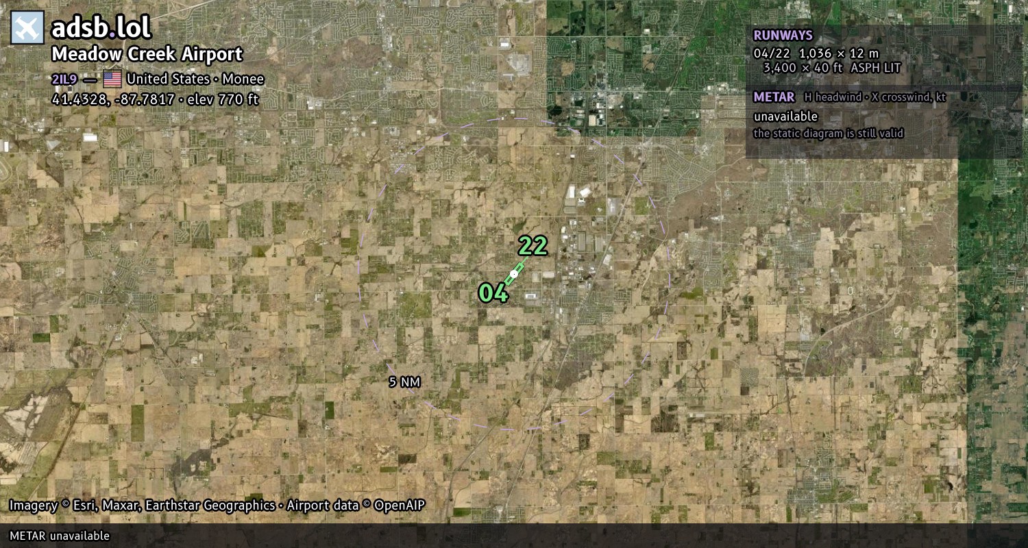 Satellite map with the runway layout of Meadow Creek Airport (2IL9)