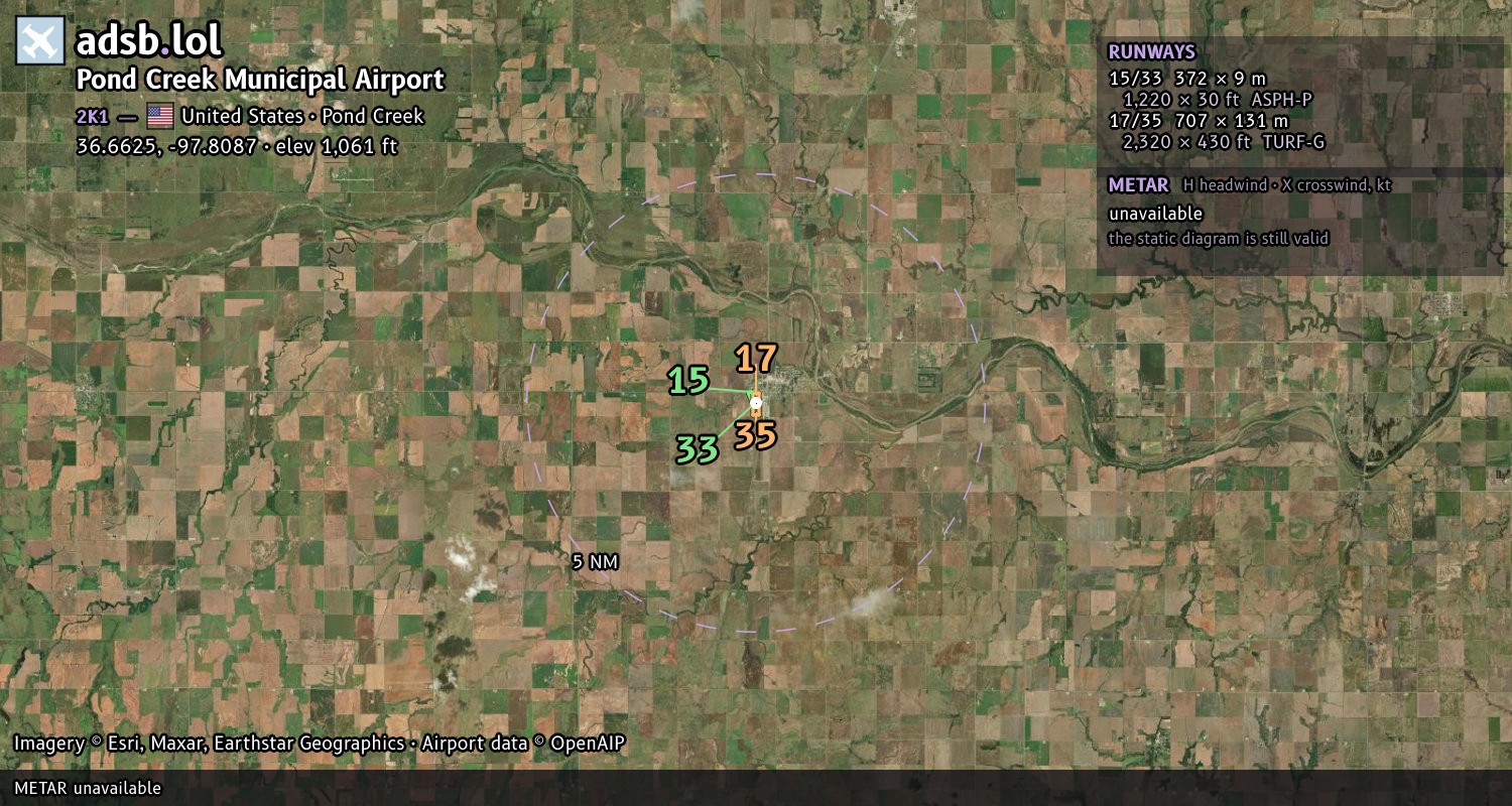 Satellite map with the runway layout of Pond Creek Municipal Airport (2K1)