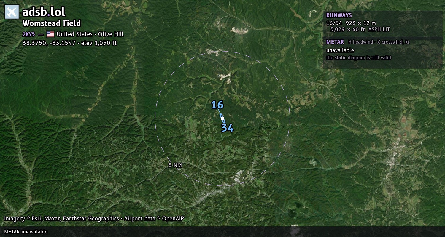 Satellite map with the runway layout of Womstead Field (2KY5)