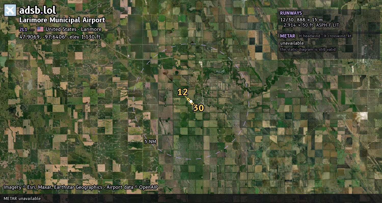 Satellite map with the runway layout of Larimore Municipal Airport (2L1)